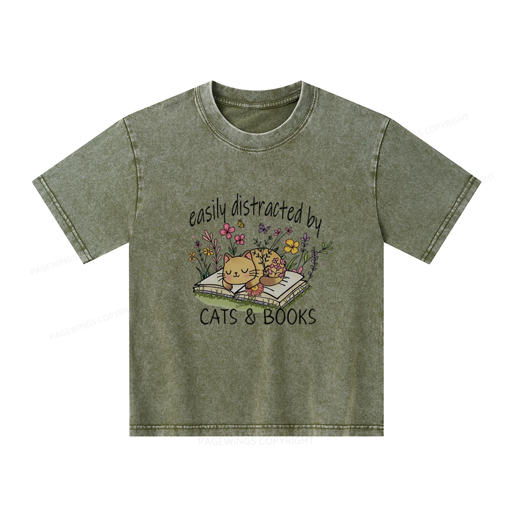 Pagewings Easily Distracted By Cats And Books Unisex Kids Washed T-shirt