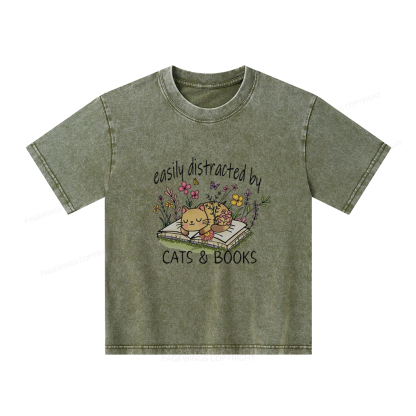 Pagewings Easily Distracted By Cats And Books Unisex Kids Washed T-shirt