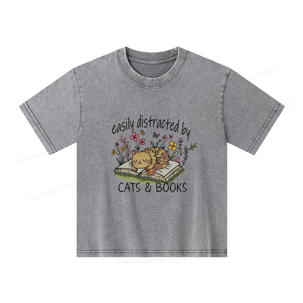 Pagewings Easily Distracted By Cats And Books Unisex Kids Washed T-shirt