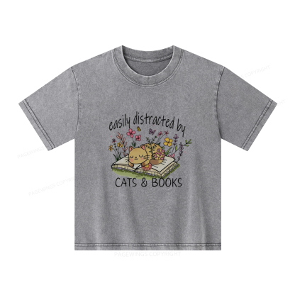 Pagewings Easily Distracted By Cats And Books Unisex Kids Washed T-shirt