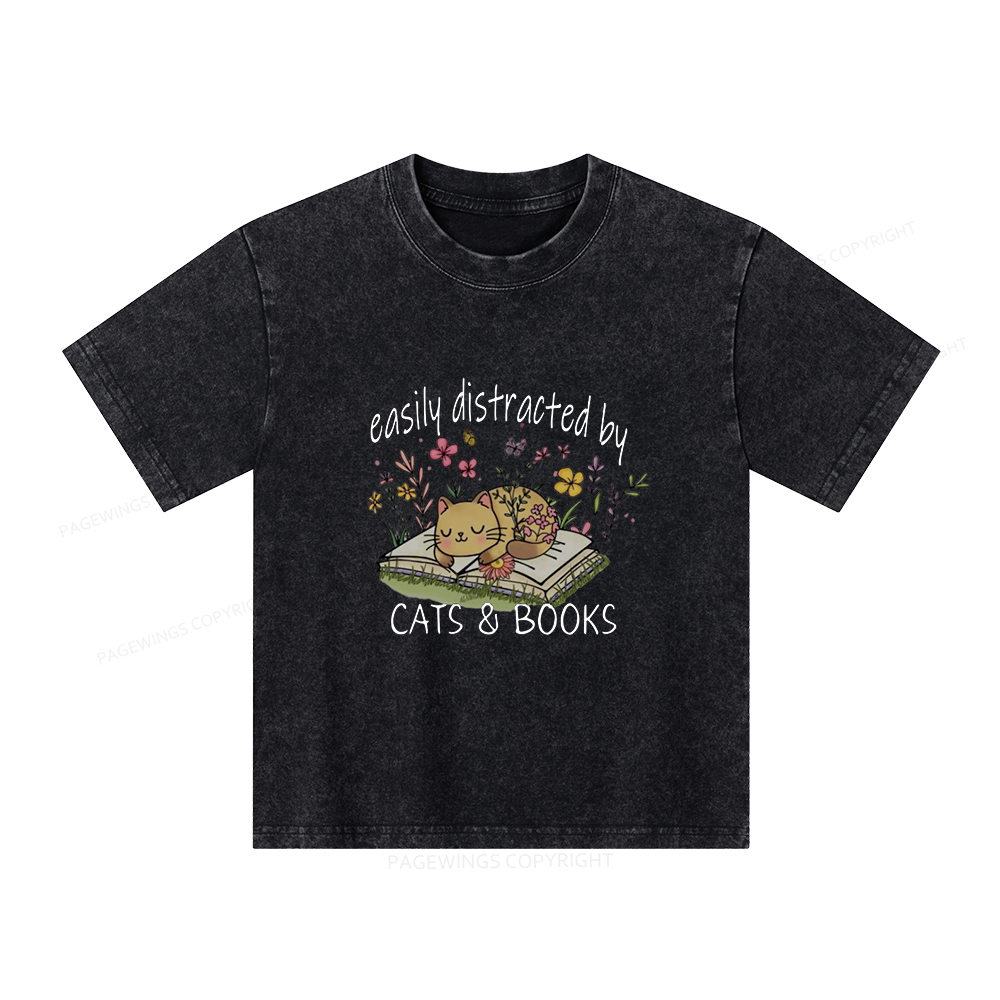 Pagewings Easily Distracted By Cats And Books Unisex Kids Washed T-shirt