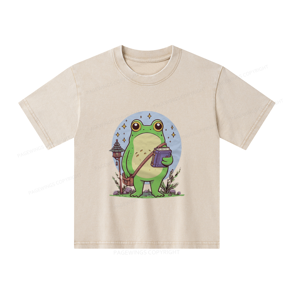 Pagewings Frog Reading Book Unisex Kids Washed T-shirt