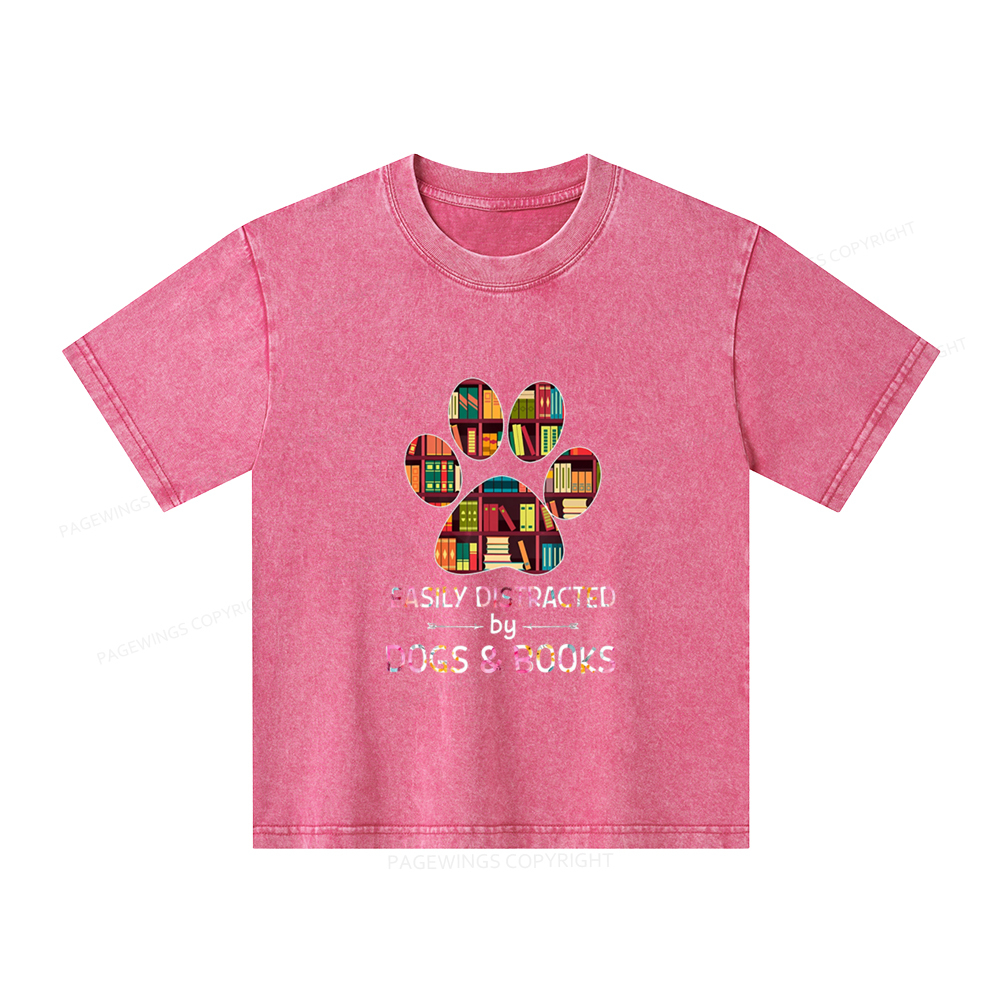 Pagewings Easily Distracted By Dogs And Books Unisex Kids Washed T-shirt
