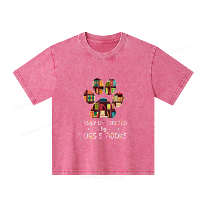 Pagewings Easily Distracted By Dogs And Books Unisex Kids Washed T-shirt