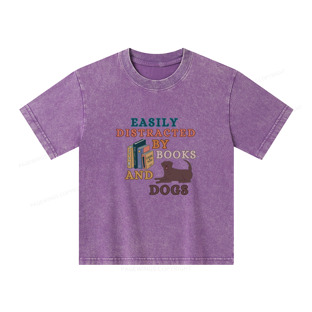 Pagewings Easily Distracted By Books And Labrador Unisex Kids Washed T-shirt