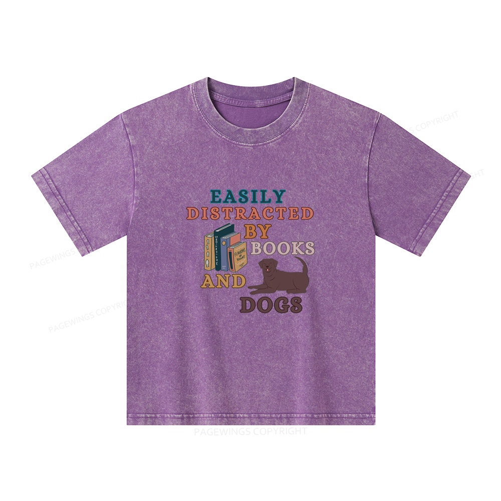 Pagewings Easily Distracted By Books And Labrador Unisex Kids Washed T-shirt