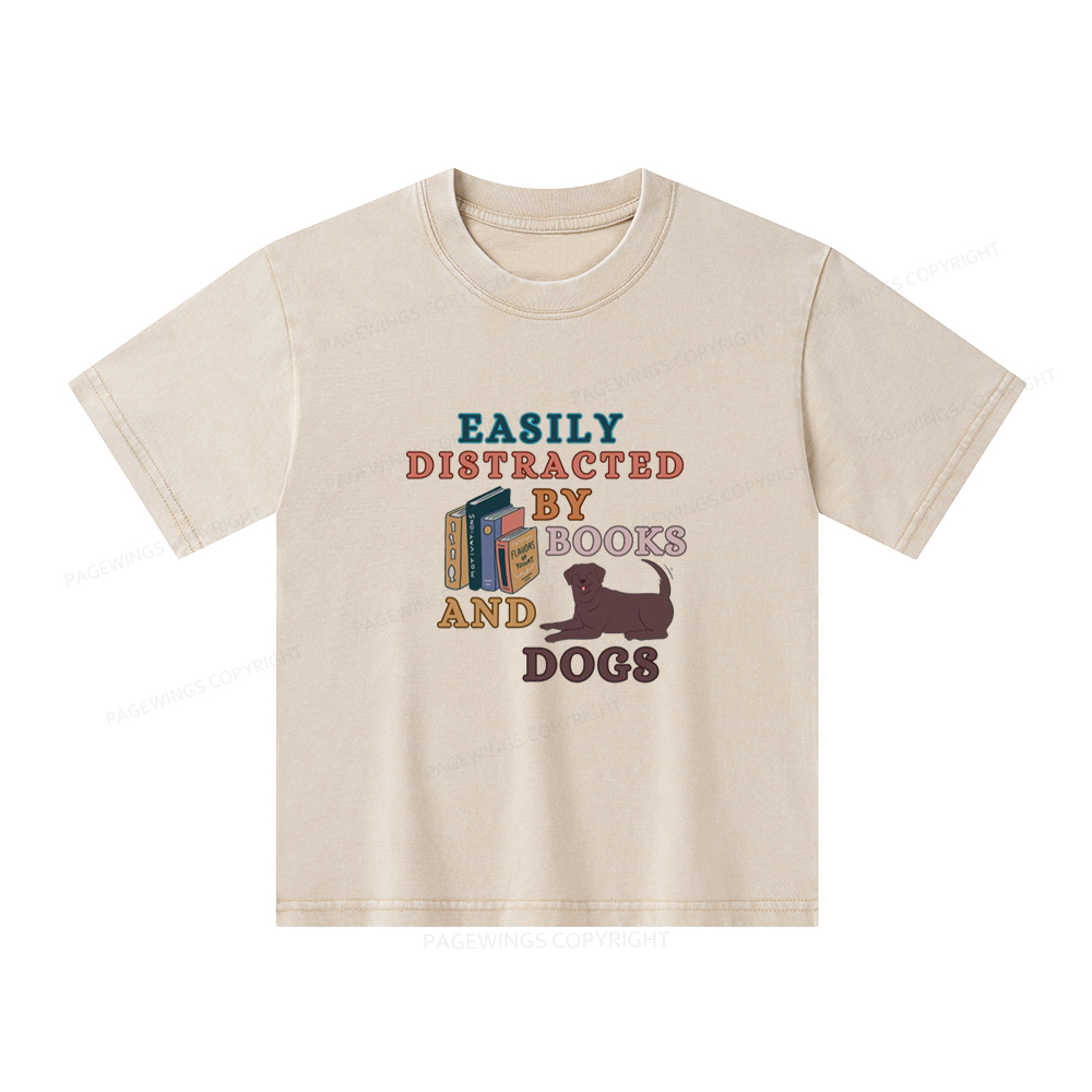 Pagewings Easily Distracted By Books And Labrador Unisex Kids Washed T-shirt