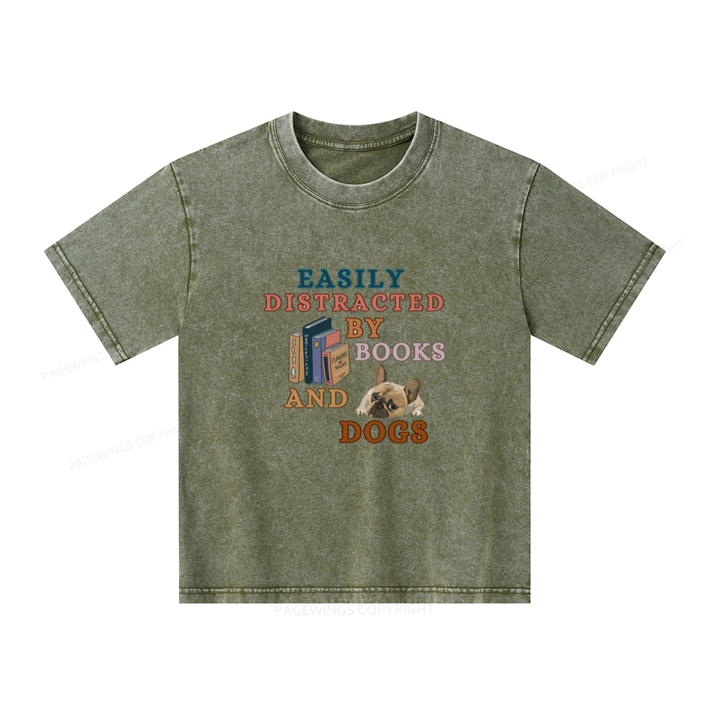 Pagewings Easily Distracted By Books And Dogs Unisex Kids Washed T-shirt