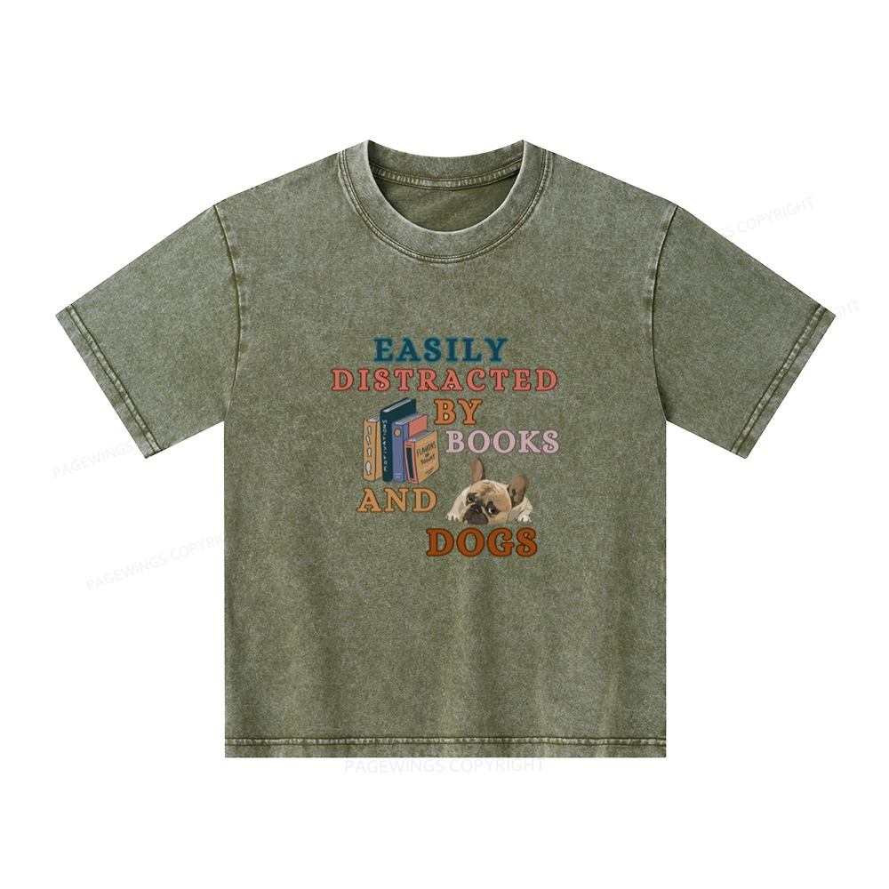 Pagewings Easily Distracted By Books And Dogs Unisex Kids Washed T-shirt