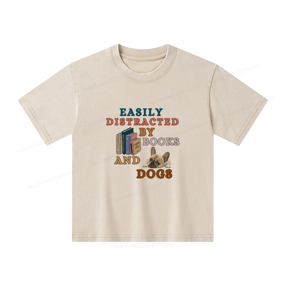 Pagewings Easily Distracted By Books And Dogs Unisex Kids Washed T-shirt