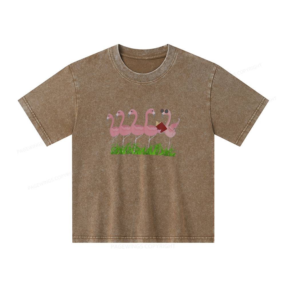 Pagewings Funny Flamingo Reading Book Unisex Kids Washed T-shirt