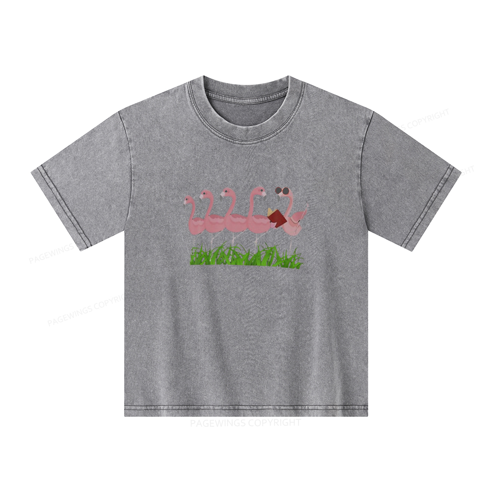 Pagewings Funny Flamingo Reading Book Unisex Kids Washed T-shirt