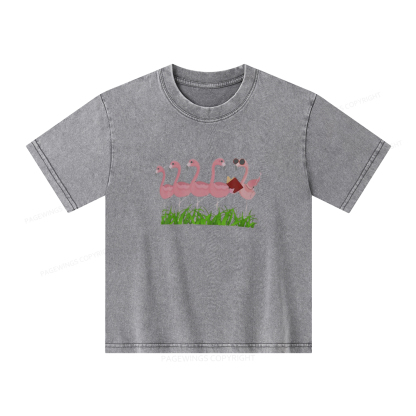 Pagewings Funny Flamingo Reading Book Unisex Kids Washed T-shirt