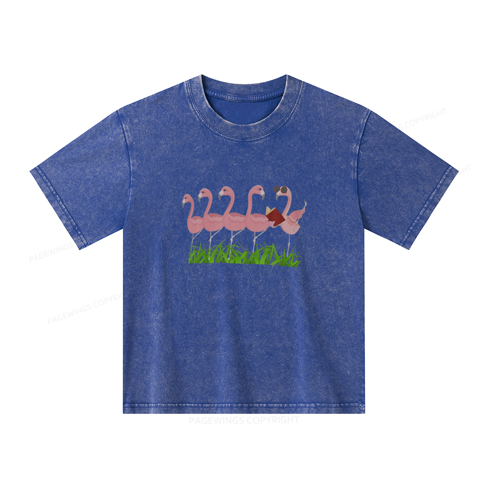 Pagewings Funny Flamingo Reading Book Unisex Kids Washed T-shirt