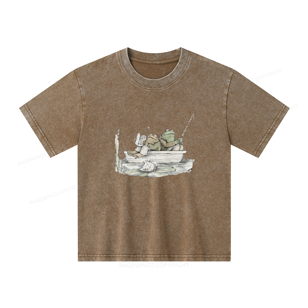 Pagewings Frog Reading Unisex Kids Washed T-shirt