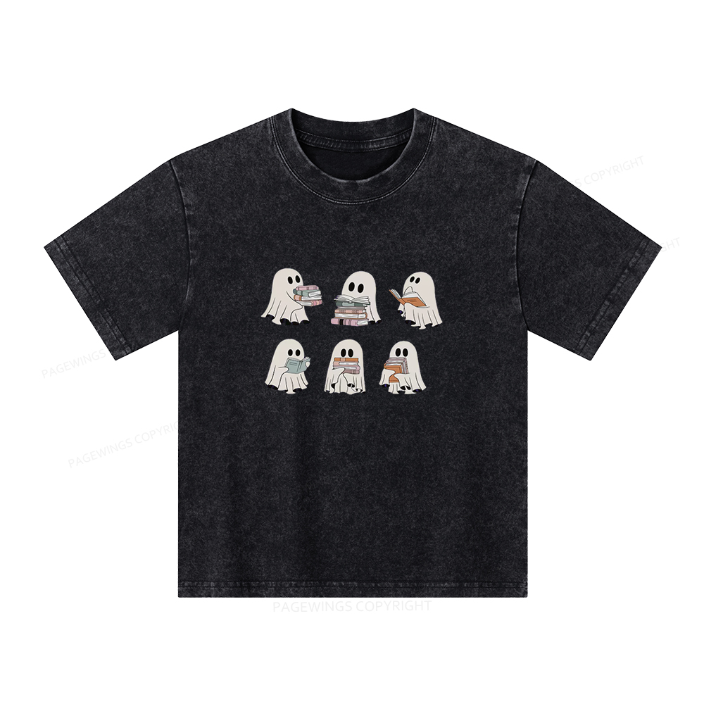 Pagewings Ghost Reading Halloween Unisex Kids Washed T-shirt