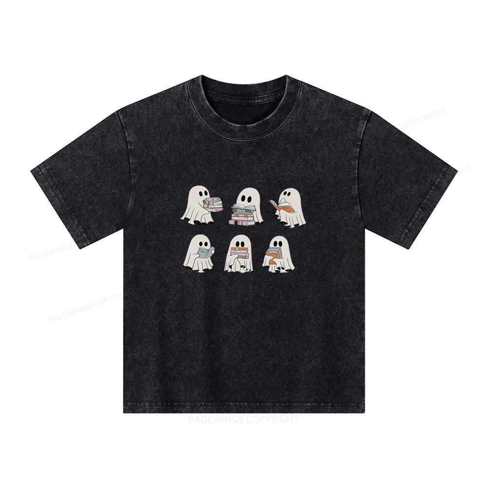 Pagewings Ghost Reading Halloween Unisex Kids Washed T-shirt