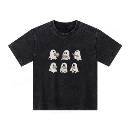 Pagewings Ghost Reading Halloween Unisex Kids Washed T-shirt
