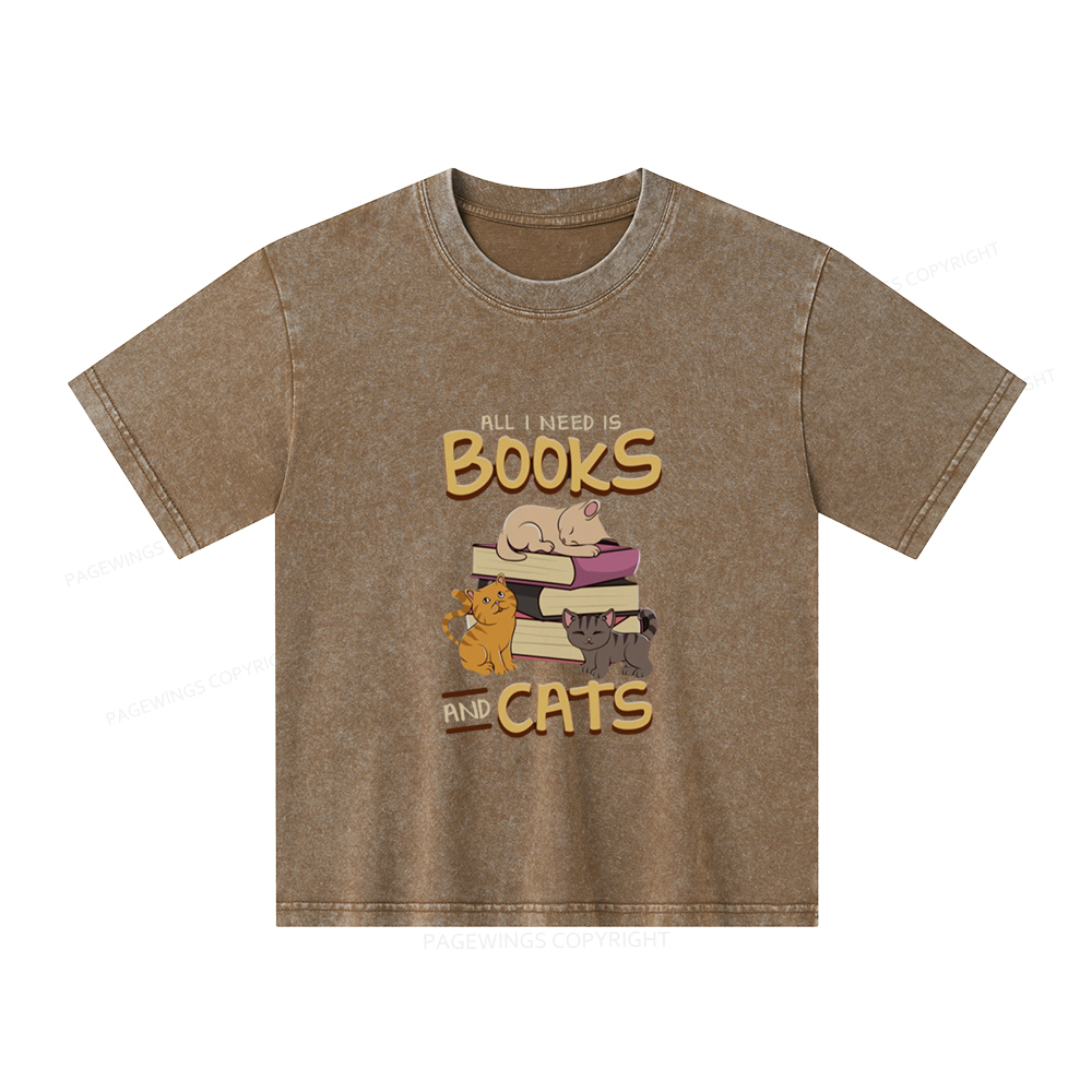 Pagewings All I Need Is Books And Cats Unisex Kids Washed T-shirt