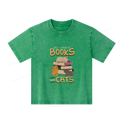 Pagewings All I Need Is Books And Cats Unisex Kids Washed T-shirt