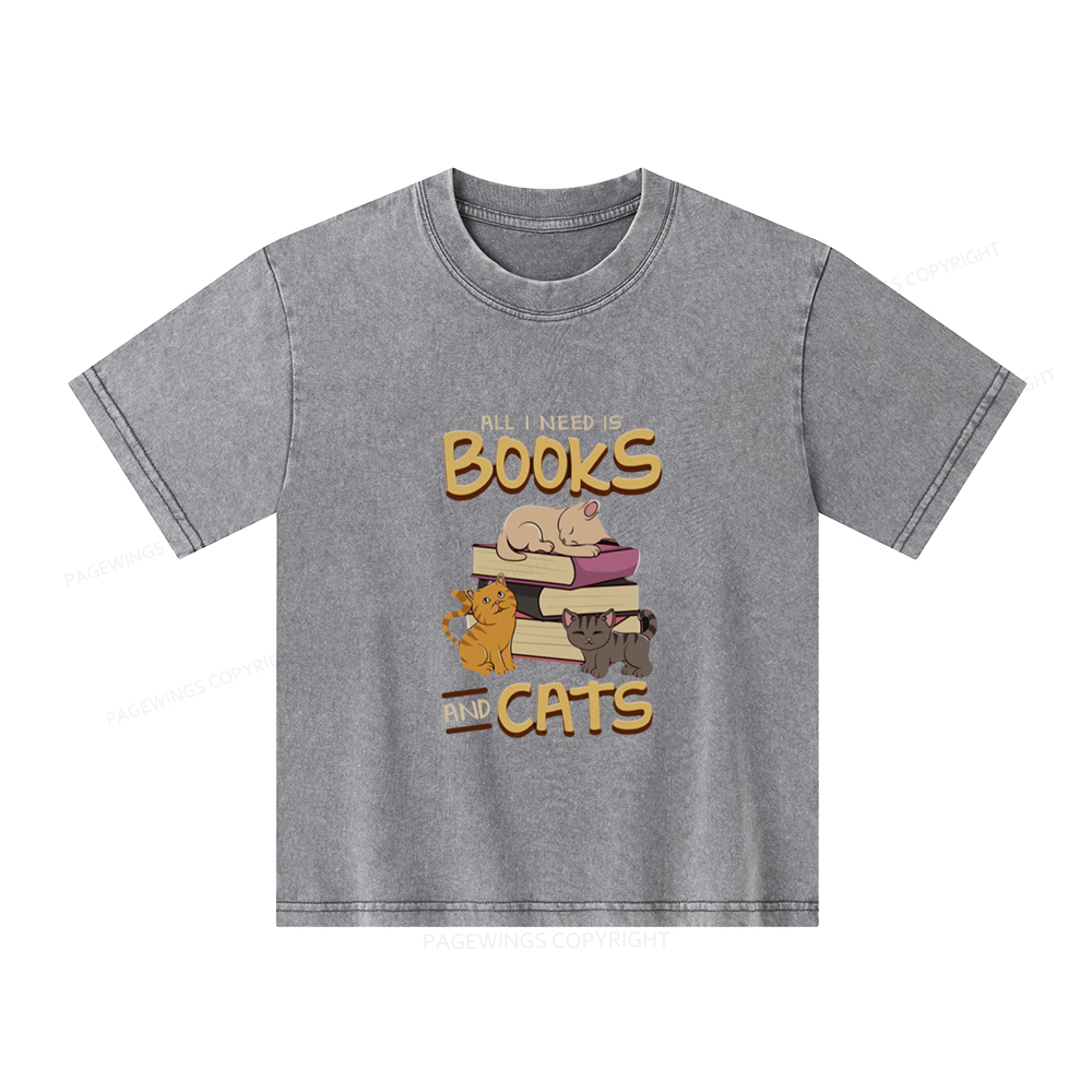 Pagewings All I Need Is Books And Cats Unisex Kids Washed T-shirt
