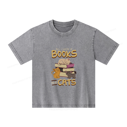 Pagewings All I Need Is Books And Cats Unisex Kids Washed T-shirt