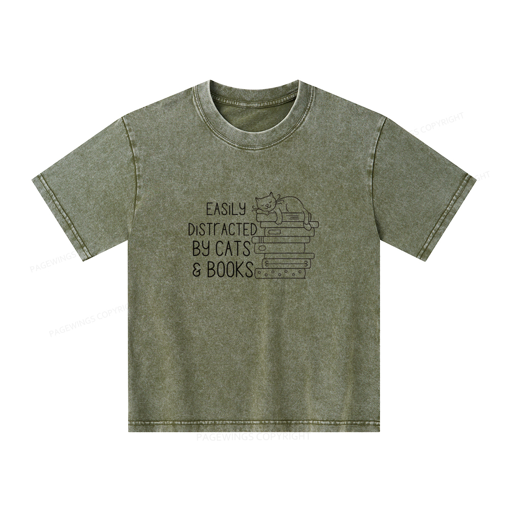 Pagewings Easily Distracted By Cats and Books Unisex Kids Washed T-shi