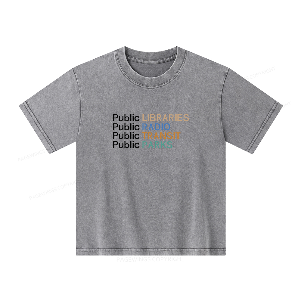 Pagewings Public Libraries Radio Transit Parks Unisex Kids Washed T-shirt