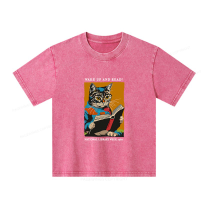 Pagewings Cat Reading Poster Unisex Kids Washed T-shirt