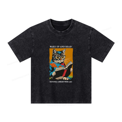 Pagewings Cat Reading Poster Unisex Kids Washed T-shirt