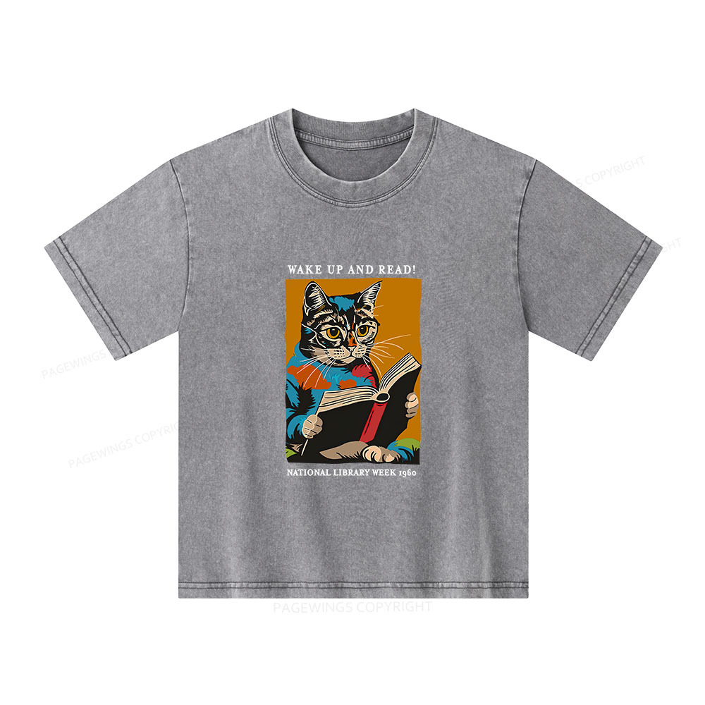 Pagewings Cat Reading Poster Unisex Kids Washed T-shirt
