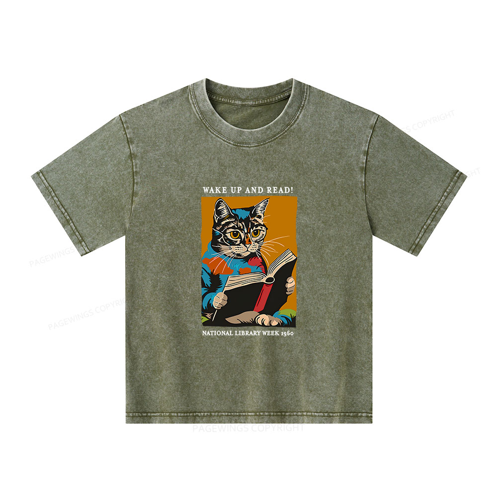 Pagewings Cat Reading Poster Unisex Kids Washed T-shirt