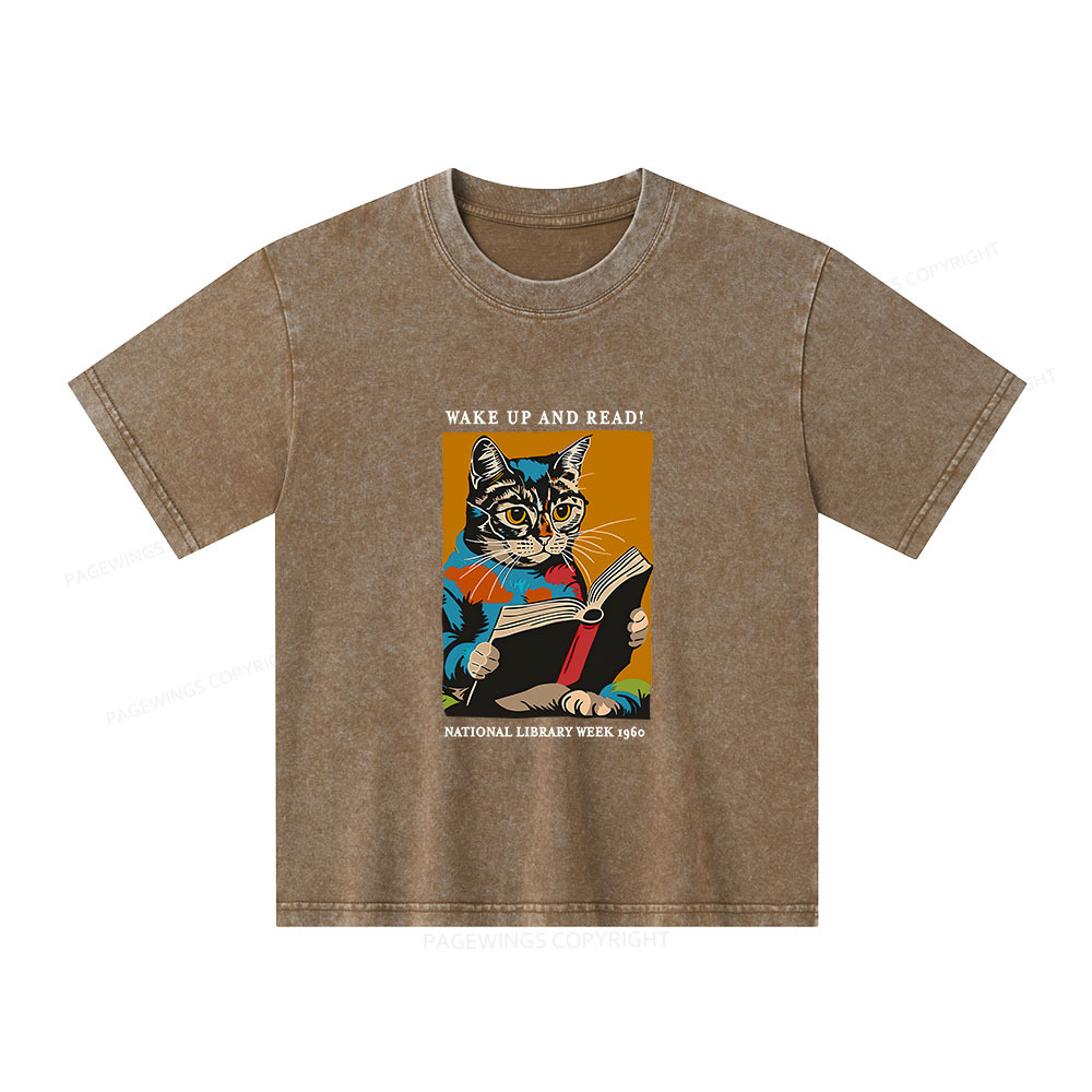 Pagewings Cat Reading Poster Unisex Kids Washed T-shirt