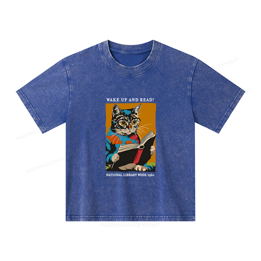 Pagewings Cat Reading Poster Unisex Kids Washed T-shirt