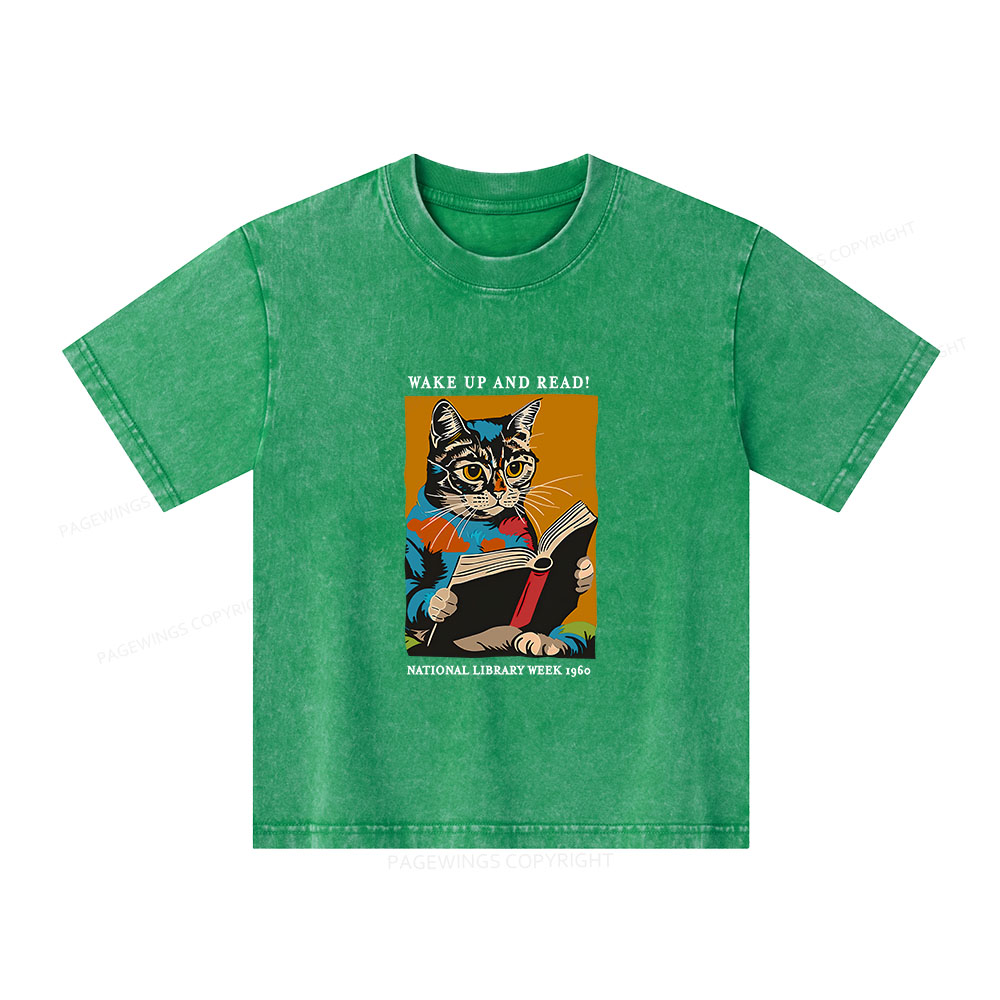 Pagewings Cat Reading Poster Unisex Kids Washed T-shirt