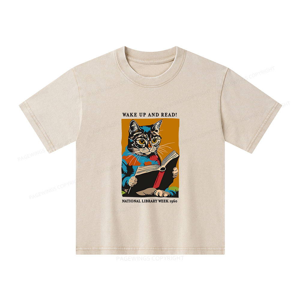 Pagewings Cat Reading Poster Unisex Kids Washed T-shirt