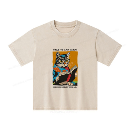 Pagewings Cat Reading Poster Unisex Kids Washed T-shirt