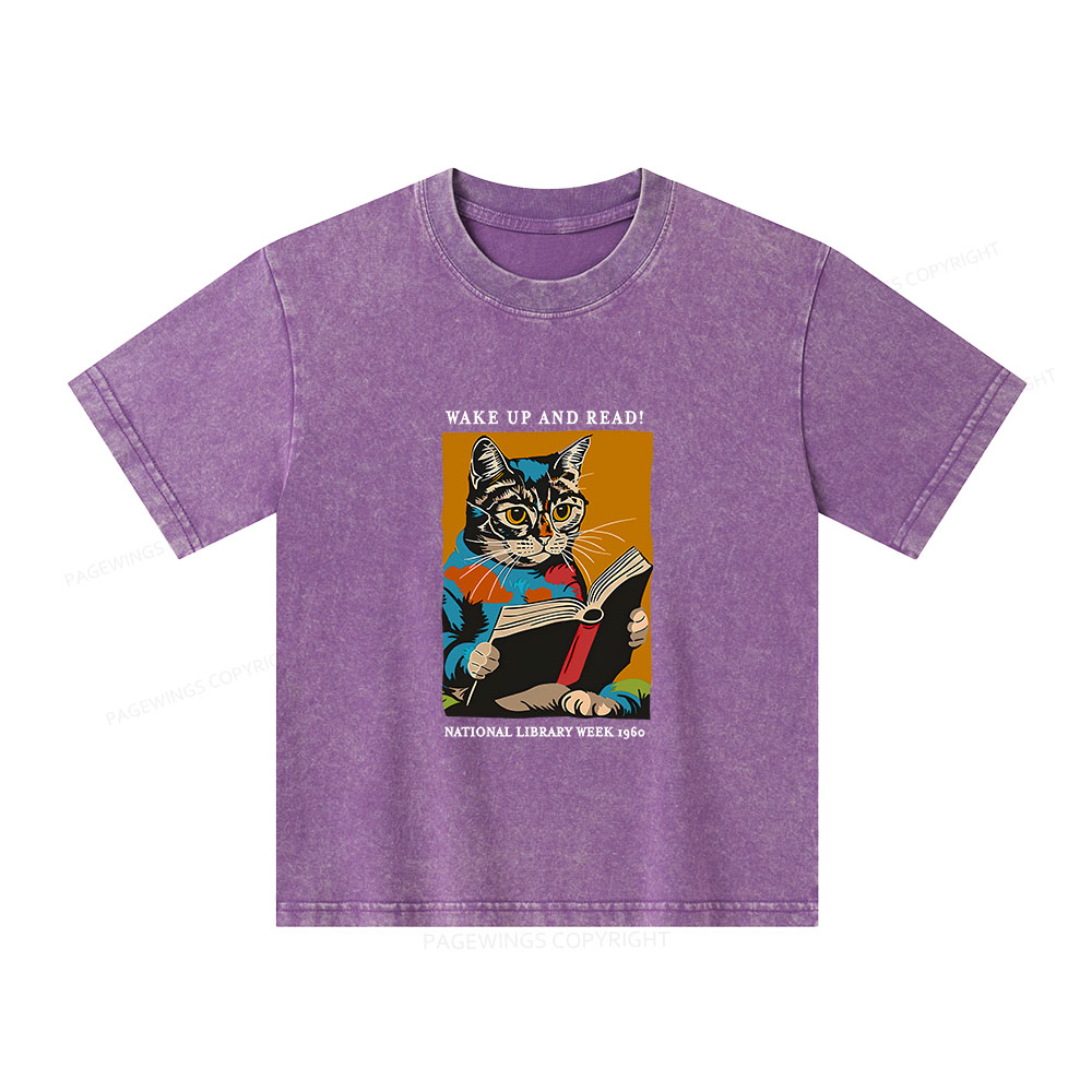 Pagewings Cat Reading Poster Unisex Kids Washed T-shirt