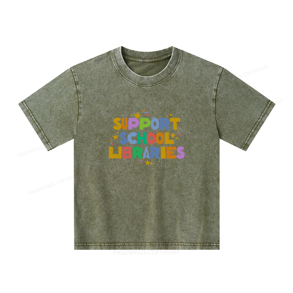 Pagewings Support School Libraries Unisex Kids Washed T-shirt