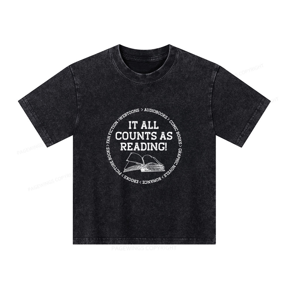 Pagewings It All Counts As Reading Unisex Kids Washed T-shirt