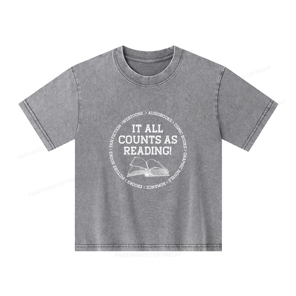 Pagewings It All Counts As Reading Unisex Kids Washed T-shirt