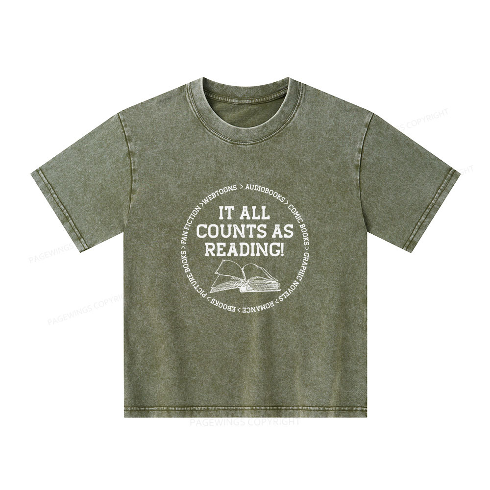 Pagewings It All Counts As Reading Unisex Kids Washed T-shirt