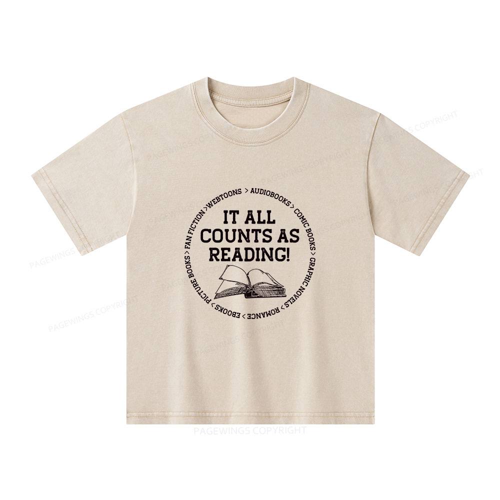 Pagewings It All Counts As Reading Unisex Kids Washed T-shirt