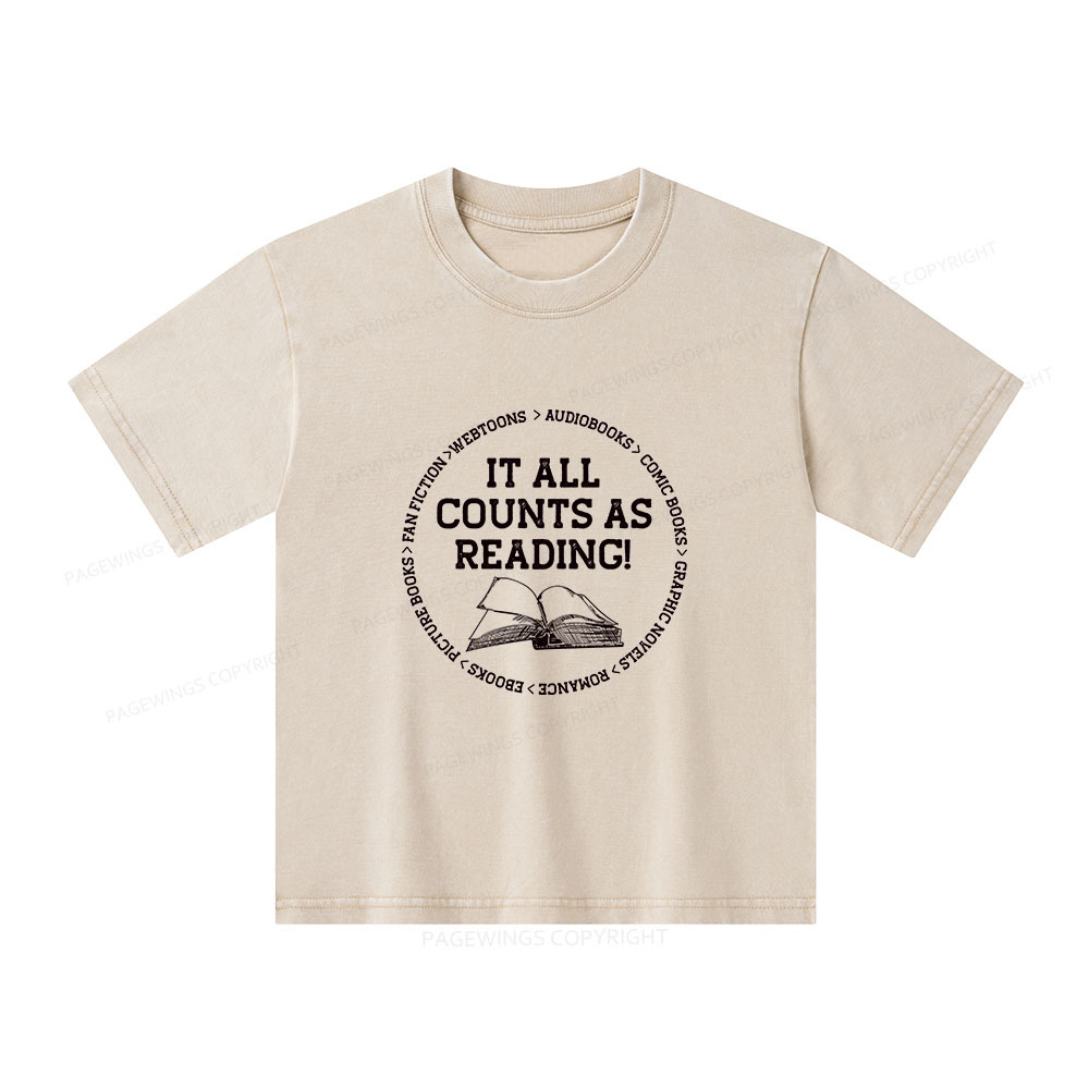 Pagewings It All Counts As Reading Unisex Kids Washed T-shirt