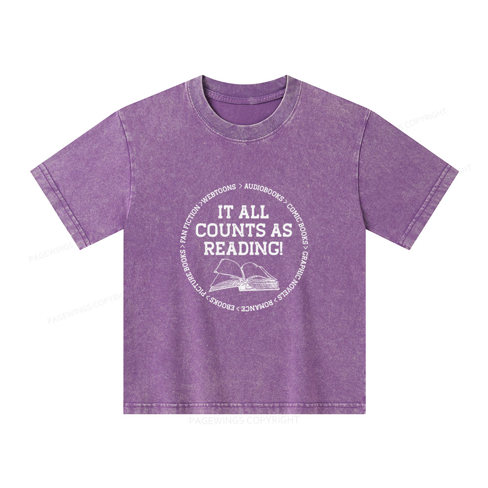 Pagewings It All Counts As Reading Unisex Kids Washed T-shirt