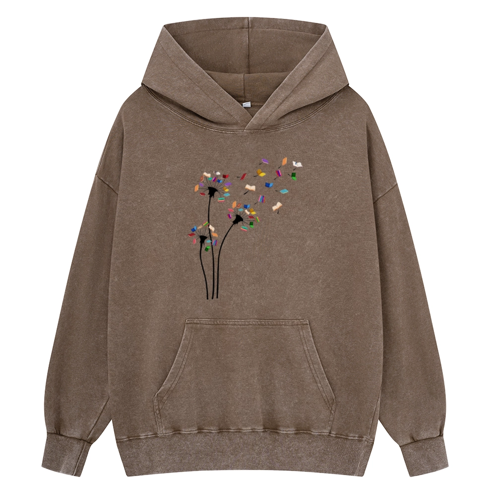 Pagewings Cute Dandelion Books Flower Fly Unisex Washed Hoodie