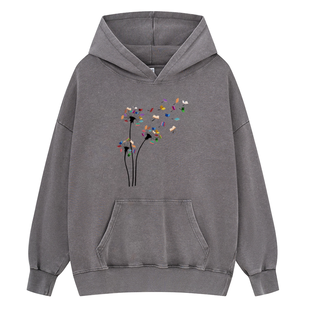 Pagewings Cute Dandelion Books Flower Fly Unisex Washed Hoodie