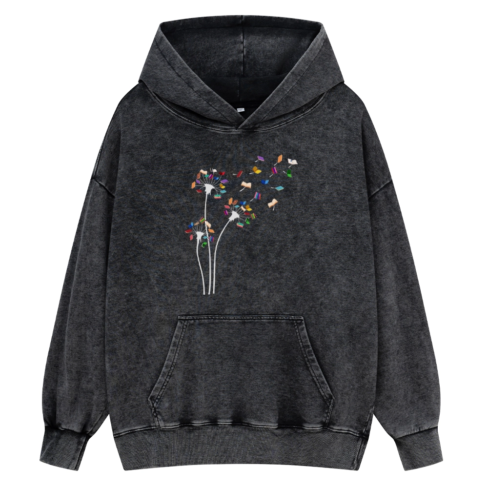 Pagewings Cute Dandelion Books Flower Fly Unisex Washed Hoodie