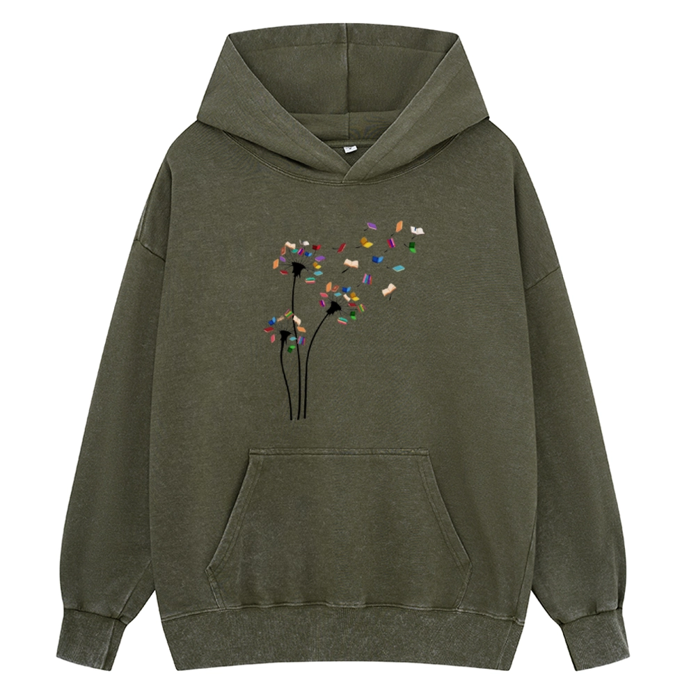 Pagewings Cute Dandelion Books Flower Fly Unisex Washed Hoodie