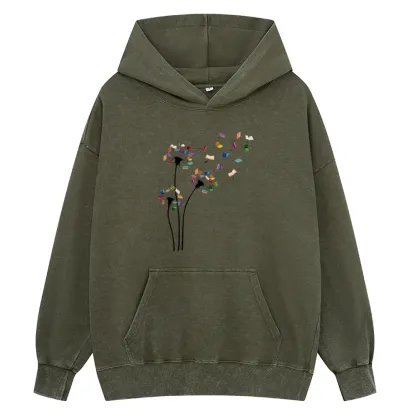 Pagewings Cute Dandelion Books Flower Fly Unisex Washed Hoodie